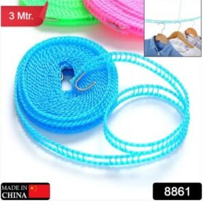 3 Meter Anti-Slip Clothesline Rope – Nylon Drying Line with Hooks for Indoor & Outdoor Use