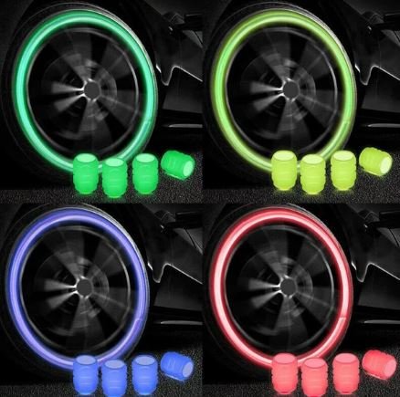 Luminous Tyre Valve Caps Glow in the Dark – LED Style Air Stem Covers for Car & Bike (4 Pcs, Mixed Colours)