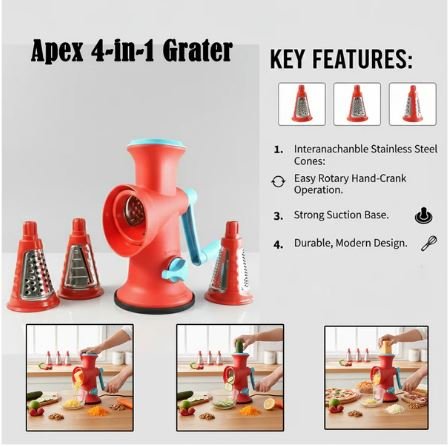 Apex 4 in 1 Signature Rotary Grater with Interchangeable Blades for Cheese, Vegetables & Fruits - Image 4