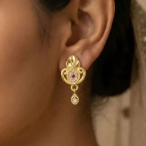 Ethnic Floral Motif Gold Stud Earrings with Stone Center & Elegant Drop Finish for Women