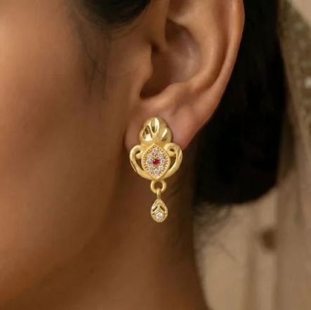 Ethnic Floral Motif Gold Stud Earrings with Stone Center & Elegant Drop Finish for Women