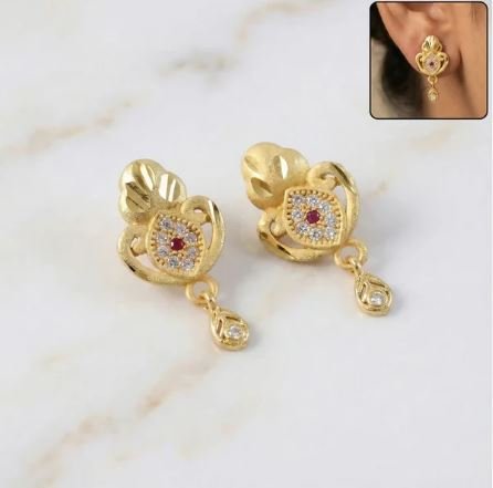 Ethnic Floral Motif Gold Stud Earrings with Stone Center & Elegant Drop Finish for Women - Image 5