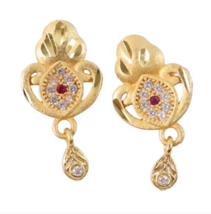Ethnic Floral Motif Gold Stud Earrings with Stone Center & Elegant Drop Finish for Women - Image 3