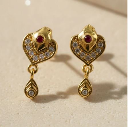 Royal Gold Heart Drop Earrings with Ruby & Crystal Accents - Image 4