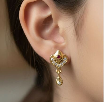 Royal Gold Heart Drop Earrings with Ruby & Crystal Accents - Image 3